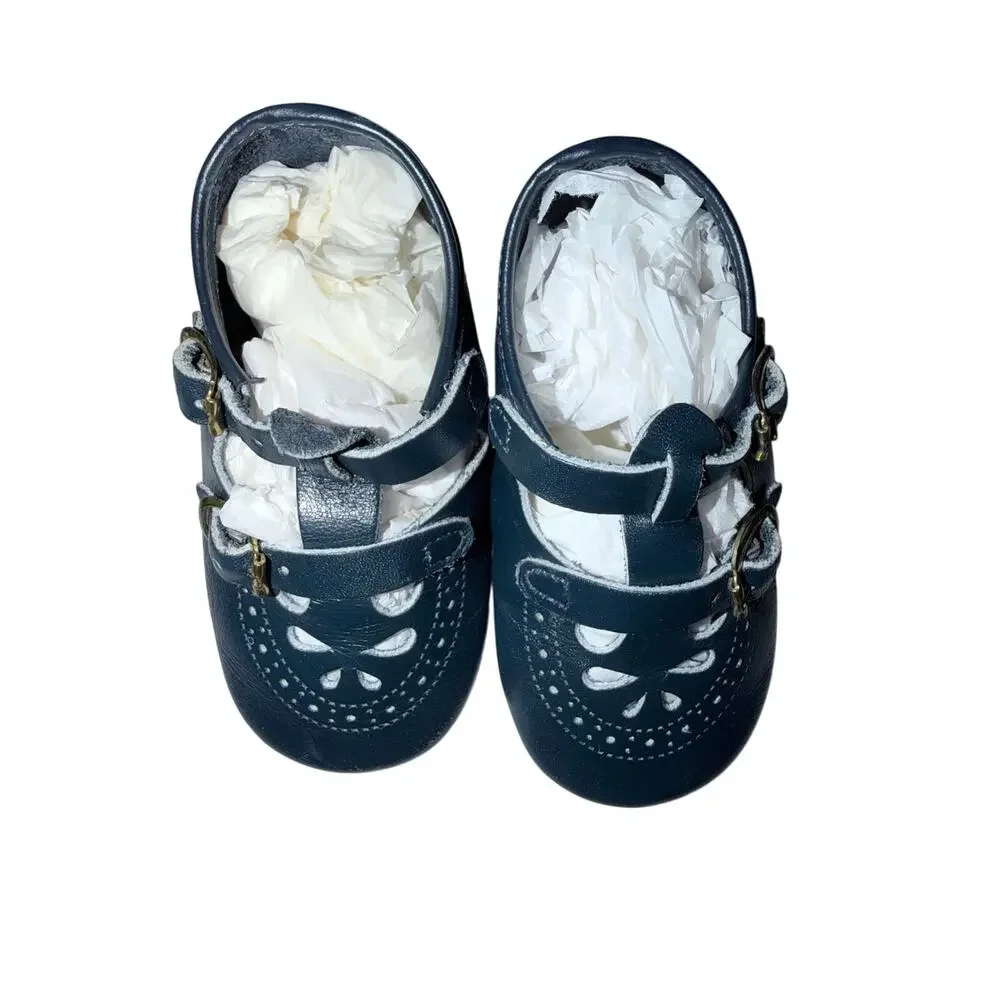 Vintage navy blue baby shoes double strap Maryjanes Mary Janes baby deer USA